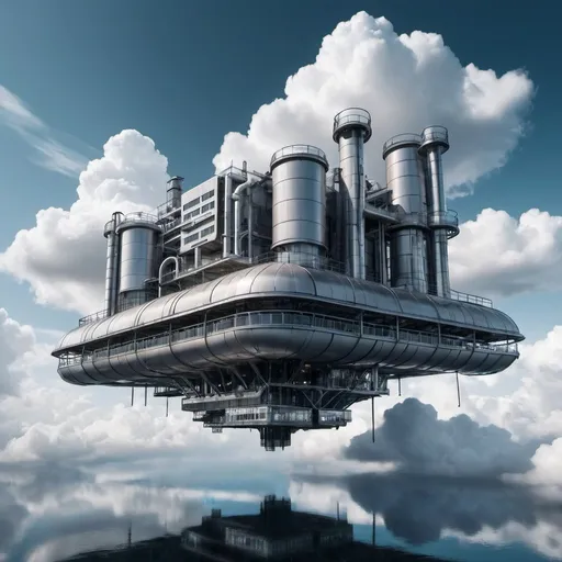 Prompt: a futuristic factory floating in the sky with clouds
