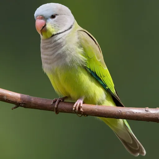 Prompt: Create a subspecies of monk parakeet that will live in the rainforest. To allow him to adapt, he will have narrower wings for maneuvering between trees than a normal monk; will have a darker and more secretive plumage color to provide better camouflage in dense rainforest vegetation than the common monk parakeet; and it will have a different beak shape that will help it to adapt. The beak will become longer and narrower, sharper and with stronger beak muscles to more efficiently obtain food. I also want to see a female and male version of the parrot where the male will have different tail feathers to attract the female.