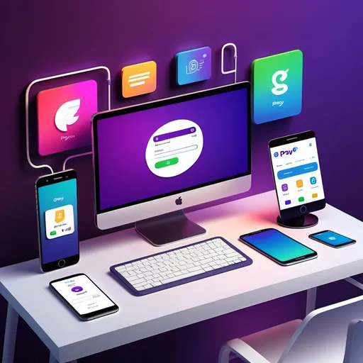 Prompt: (digital illustration) a sleek modern computer setup, vibrant display showcasing various online payment apps like GPay, PhonePe, Epayon, KSEB bill, and mobile recharge, (high-tech ambiance) with glowing user interface elements, (minimalist design) on a stylish desk, colorful tech accessories, (ultra-detailed) background with subtle technology theme, harmonious colors creating a professional vibe.