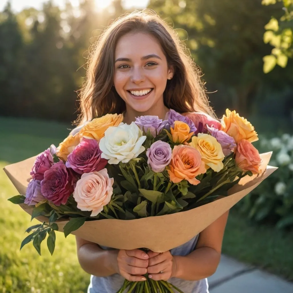 Prompt:  A young woman excitedly wraps a beautiful, giant bouquet of flowers outdoors in the morning sunlight. She smiles with satisfaction.