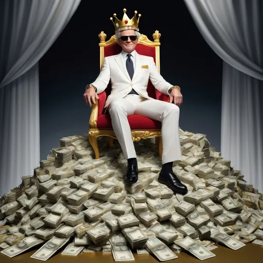 Prompt: Perched atop a towering pile of cash, a confident older man in a sleek white suit and sunglasses embodies power, adorned with a golden crown and jewels that sparkle with wealth. His relaxed posture with both feet resting on the money pile suggests dominance, as he manipulates a set of marionette strings, these strings control a group of smiling politicians and lobbyists in black, grey, and navy suits gathered around a table cluttered with money and paperwork, each person exuding a sense of complicity in their collaboration. In the background, looming shadowy figures wield puppet-like control over the scene, their sinister presence accentuated by dollar signs that suggest manipulation at a grand scale. The sharp contrast between the vibrant colors of the central figure and the darker hues framing the composition conveys a critical narrative on wealth and power dynamics, evoking themes of corruption and exploitation in a satirical light. This richly detailed illustration serves as a commentary on the interplay between money, authority, and moral ambiguity.