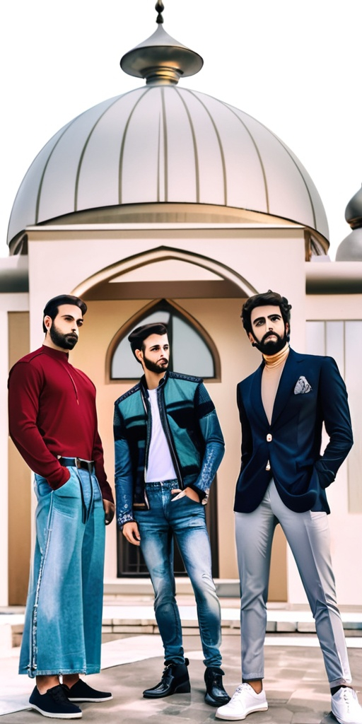 Prompt: three men standing in front of a building with a dome in the background and a sky background with a few clouds, Altoon Sultan, samikshavad, fashion photoshoot, a picture