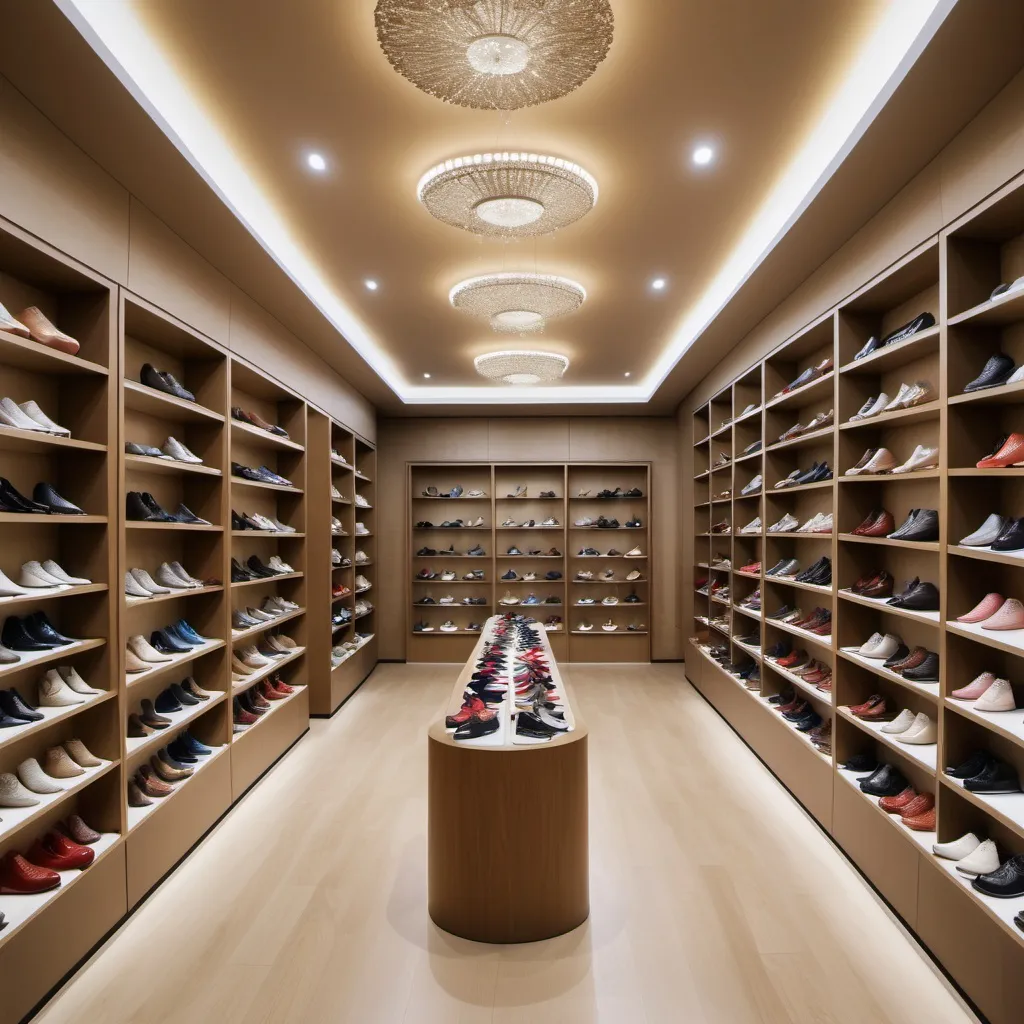 Prompt: a shoe store with a wide selection of shoes on display in the middle of the room and a wide selection of shoes on the wall, Cao Buxing, arabesque, panoramic, a stock photo