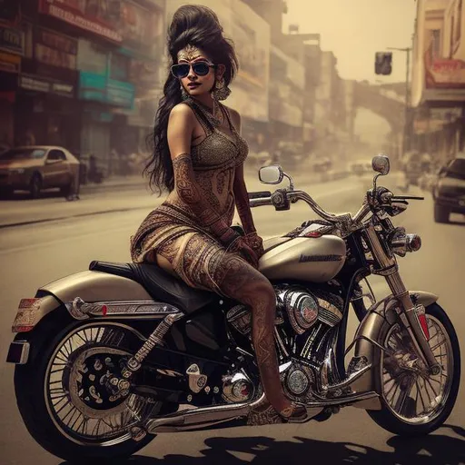Prompt: Badass Indian bride on a Harley Davidson bike, sunglasses, cigarette in mouth, high quality, realistic, cool tones, detailed traditional attire, fierce expression, urban background, atmospheric lighting
