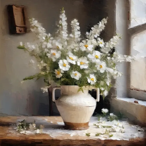 Prompt: Picture of a vase with white cottage flowers.in a empty old French kitchen with white walls on a old French wooden kitchen table with very thick Impasto, impressionism