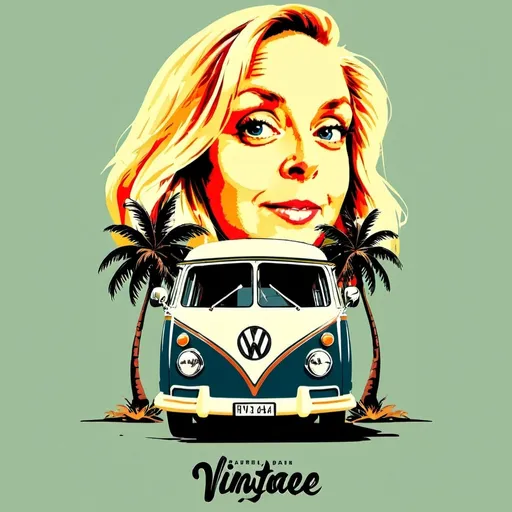 Prompt: Illustrated T-shirt design of flat vintage van with palm trees, vector, solid white background, simple color palette