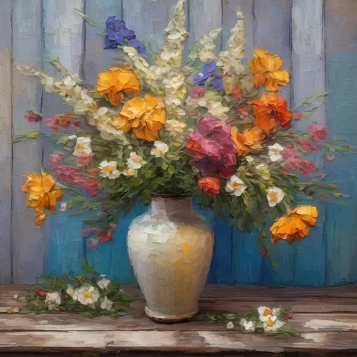 Prompt: Portrait of a large vase of cottage flowers on an old wooden table in  very thick Impasto, impressionism