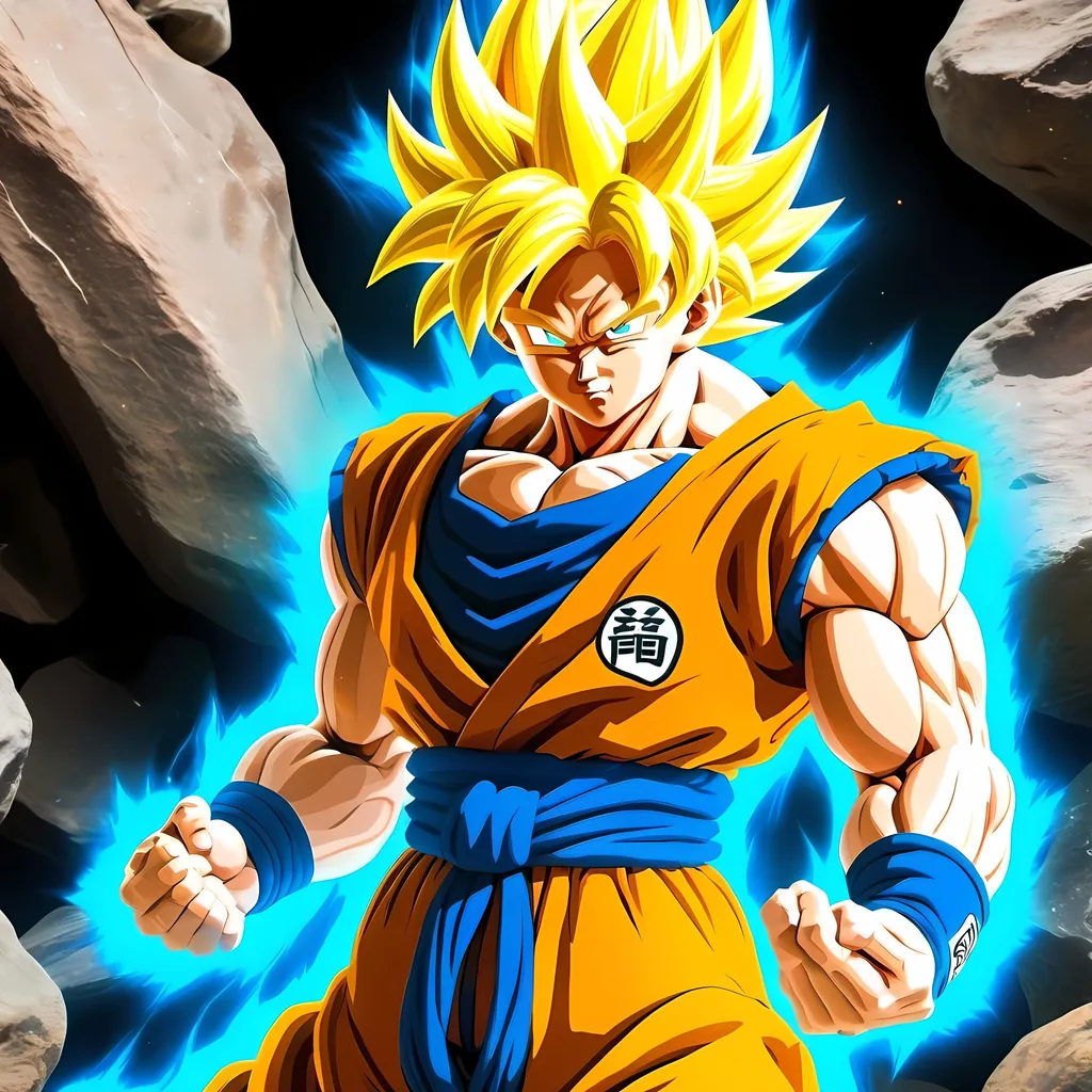 Prompt: super saiyan goku with floating rocks and blue aura