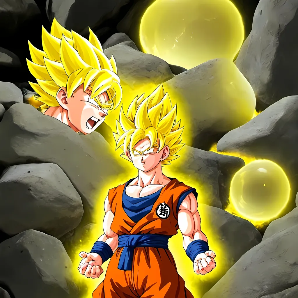 Prompt: super saiyan goku yellow aura with foating rocks background