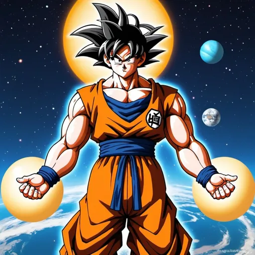 Prompt: Fait moi son goku en mode ultra instin avec un fond de l'univers et en version manga (animés) avec uranus et venus dérrière