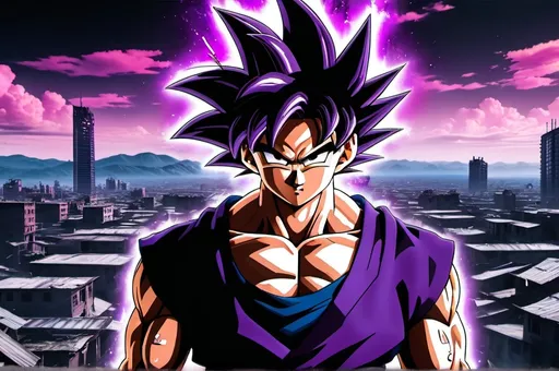 Prompt: high quality goku black destroyed buildings as a background with amazing dark palette colors high definition super detailed and vivid purple hair and purple aura