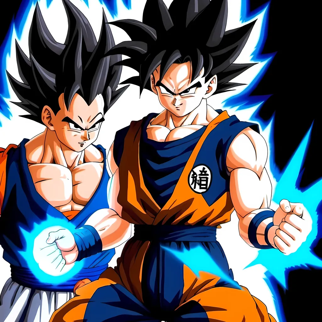 Prompt: goku super saiyan 3 against vegeta super saiyan 2 a white background with black strips also goku and vegeta have yellow aura 