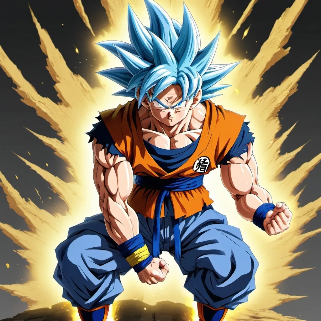 Prompt: Vivid, super detailed, full body, Full color, super attractive, Goku, Fighter, Gold hair, rough, serious, smiling, expressive blue eyes, perfect hands, torn shirt, torn pants, extremely detailed eyes, both eyes are the same, full body, serious face, middle hair