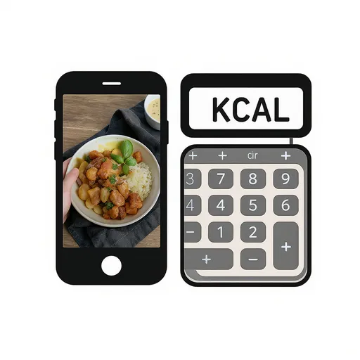 Prompt: Generate Icon - Food captured by the mobile  Camera along with Calculator and the calculator has text KCAL beside a weighing machine, calc should have all keys 
 along with . +. -, * and /
