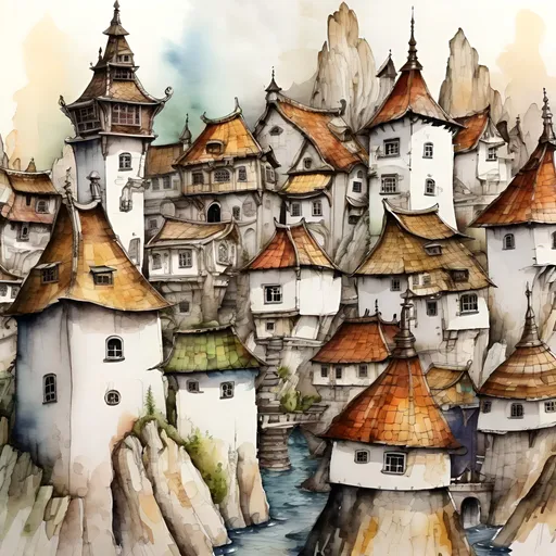 Prompt: A small wealthy(detail) village, large and small buildings, fantasy, ink and watercolor, white background