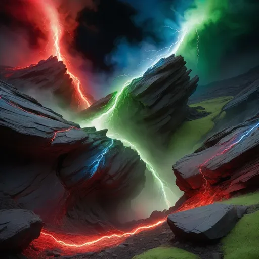 Prompt: A mystical rift in the ground, pulsating with vibrant dynamic energy, glowing with electric hues of green, and red, and blue, and black and white, high detail, dramatic lighting, ethereal atmosphere. pulsing dramatic power erupting from the rift. The surrounding terrain features rocky textures and shadows, showcasing the powerful forces within. Ultra-detailed, captivating depth, cinematic quality.