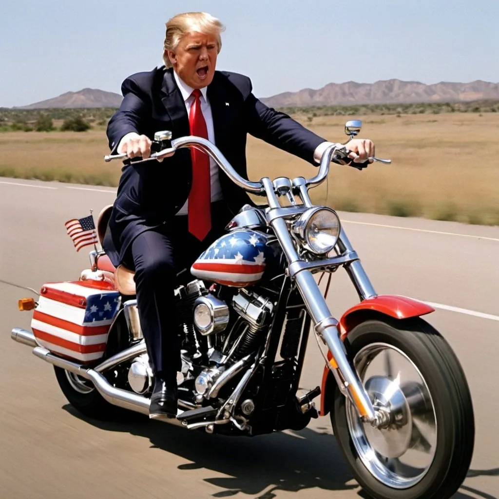 Prompt: Donald Trump riding the American-themed chopper in the movie easy rider


