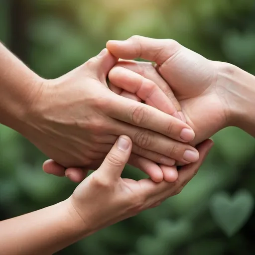 Prompt: please create an image of two hands together giving good benefit to a quality of life to one with a touch of heart in a gentle and kindness gesture