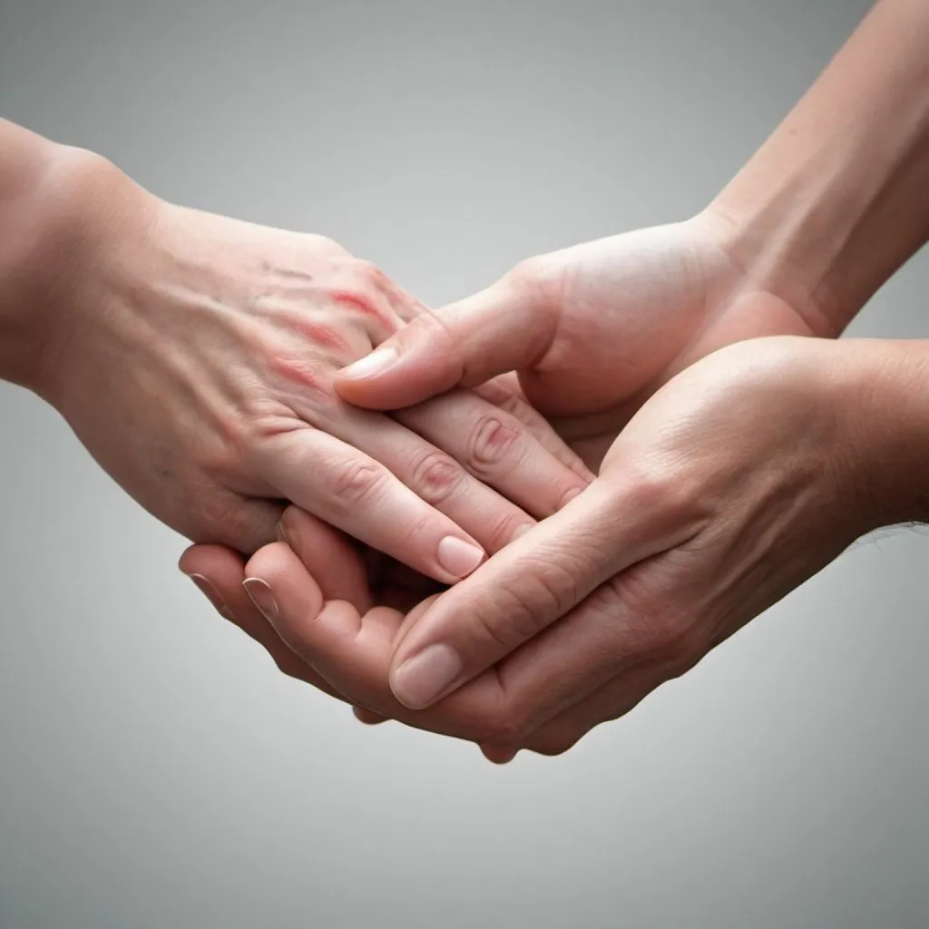 Prompt: please create an image of two hands together giving good benefit to a quality of life to one with a ouch of heart in a gentle kindness gesture