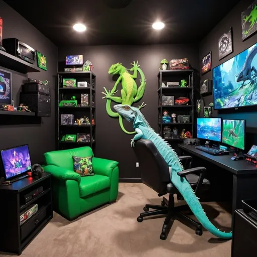 Prompt: a lizard gaming with a gaming themed room and has lots of gaming acsessories
