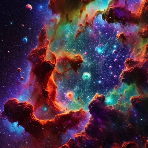 Prompt: Vibrant digital artwork of an epic space scene, cosmic nebula swirling in bright hues, mesmerizing star clusters, detailed planets and moons, high quality, ultra-detailed, digital art, vibrant colors, cosmic, epic space, nebula, star clusters, detailed planets, moons, professional, atmospheric lighting