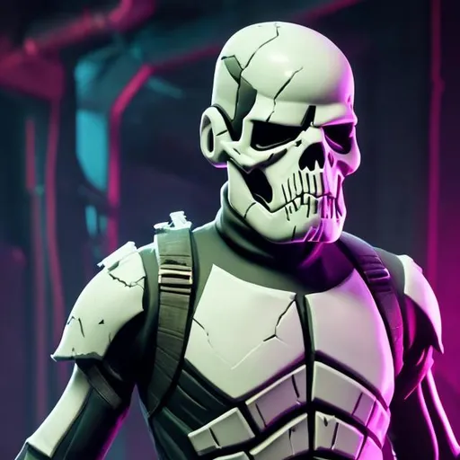 Prompt: High-resolution digital painting of the iconic Skull Trooper skin from Fortnite, cool and eerie color palette, dark and sinister atmosphere, detailed skeletal features in the face, glowing neon accents, eerie purple and green lighting, ultra-detailed skeletal structure, menacing and intimidating presence, professional digital artwork, cool tones, eerie lighting, detailed skull, Fortnite, professional, atmospheric lighting