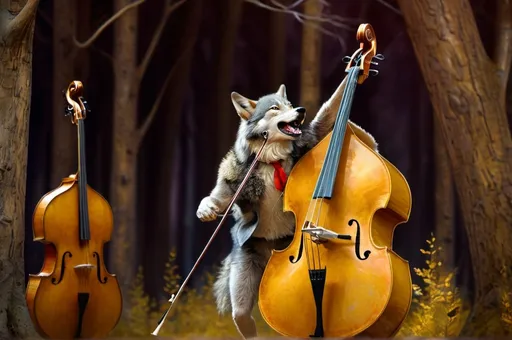 Prompt: wolf playing double bass