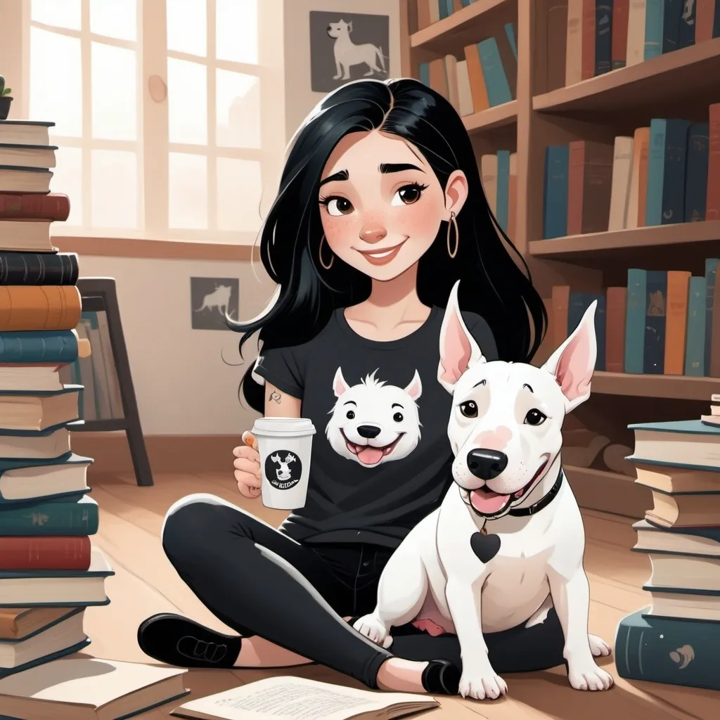 Prompt: Disney Pixar style happy girl with long black hair and tattoos, wearing a black shirt, sitting on the floor surrounded by books, reading and drinking coffee. An all white bull terrier dog with pointy ears next to her.