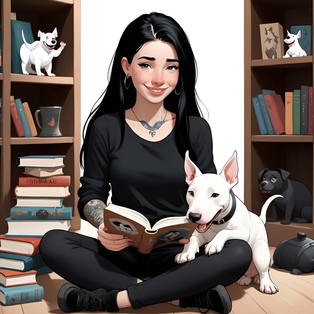 Prompt: Disney Pixar style happy girl with long black hair and tattoos, wearing a black shirt, sitting on the floor surrounded by books, reading and drinking coffee. An all white bull terrier dog with pointy ears next to her.