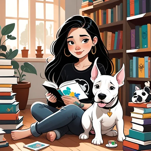 Prompt: Disney Pixar style happy girl with long black hair and tattoos, wearing a black shirt, sitting on the floor surrounded by books, reading and drinking coffee. An all white bull terrier dog with pointy ears next to her.