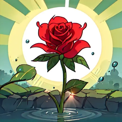 Prompt: A rose that has the sun shining brightly upon it as a single drop of water falls onto it