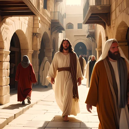 Prompt: (Jesus of Nazareth), walking through ancient Jerusalem, surrounded by bustling markets, stone buildings with arched doorways, vivid robes flowing gently in the wind, (warm vintage hues), soft sunlight illuminating the scene, a mixture of admiration and reverence in the expressions of onlookers, (4K), ultra-detailed imagery.