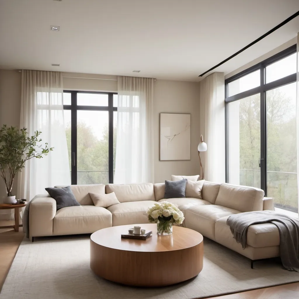 Prompt: Sofa: The beige leather sofa is the focal point of the image. It features a padded design, which adds a touch of luxury and comfort to the environment. The angle of the sofa is aligned with the original reference, providing a side view that highlights its shapes and details.

Environment: The living room has a minimalist and sophisticated style. The large windows allow plenty of natural light to enter, creating a light and airy environment. The view of nature outside adds a sense of tranquility to the space.

Decoration: The decoration is discreet and modern. The walls have neutral tones that complement the sofa, and there are minimalist decor elements, such as a painting on the wall, a floor lamp, and a vase with flowers on the coffee table. This contributes to a serene and organized environment.

Furniture: In addition to the sofa, the image shows a modern coffee table, with simple and elegant lines, which reinforces the minimalist style of the space. The floor appears to be light wood, adding a touch of warmth to the room.

Atmosphere: The space in general conveys a feeling of comfort and sophistication. Natural light combined with minimalist decor creates a relaxing and inviting environment.