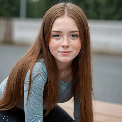 Prompt: Cute Young Girl with Long hair in leggins freckles