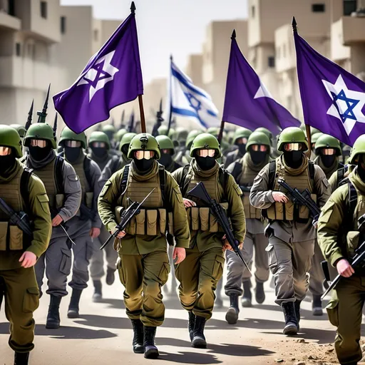 Prompt: A modern military leader A leader of military forces before entering the war Israeli flags with the soldiers all with weapons Green tactical uniforms with camouflage helmets A large number of fighters The commander in the middle leads them into battle Military flags in purple colors with a cat on them and a sword