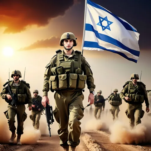 Prompt: Twilight background 
A modern military commander with innovative equipment leads his battalion with ground combat tanks at Israel's entrance to Lebanon. Israeli flags on the uniforms of the soldiers.