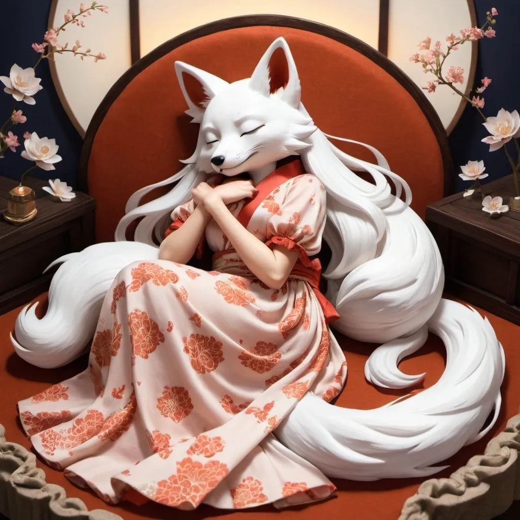 Prompt: Kitsune sleeping in dress