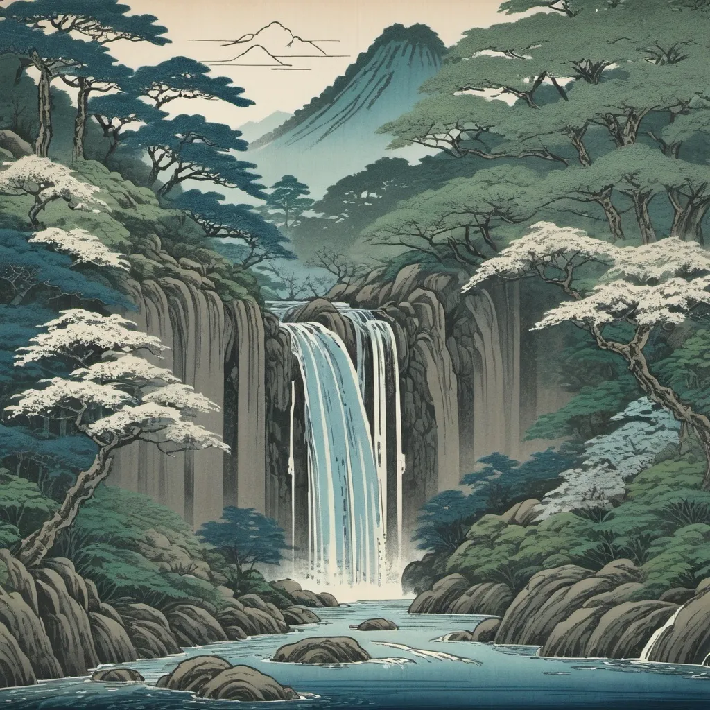 Prompt: japanese block print serene waterfall 
