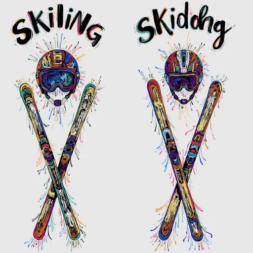 Prompt: two skis and a helmet with the words skiing on it and a pair of skis with the words skiing on it, An Gyeon, international typographic style, concept design, a digital rendering