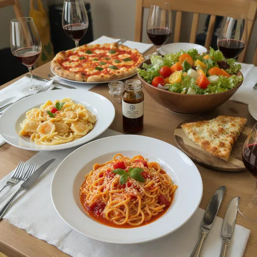 Prompt: אשמח אם תוכל ליצור תמונה של שולחן אוכל עם מאכלים איטלקיים . בתמונה יהיו מאכלים של פסטה ברוטב רוזה, רביולי, פיצה וסלט טרי בקערה גדולה, עם מגוון ירקות
