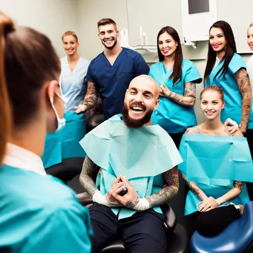 Prompt: people at a dentist office, lots of teeth, tattoos