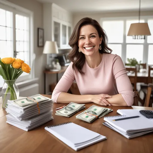 Prompt: Crea una imagen hiperrealista de una mujer alegre de entre 30 y 40 años, ama de casa, sentada en el comedor de su casa, con la mesa  limpia y organizada, sosteniendo un montón de dinero en efectivo con una gran sonrisa en el rostro. A su alrededor hay símbolos de éxito financiero, como una libreta que muestra registros de ventas, una alcancía y una agenda. El fondo sugiere un ambiente inspirador, con luz natural brillante entrando por una ventana y una planta en la esquina. (omite poner alguna computadora).