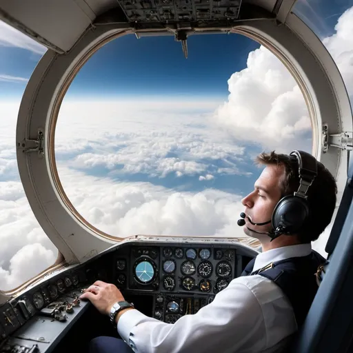 Prompt: A pilot contemplating the meaning of time while suspended in a fast airplane at a high altitude, with clouds and the beautiful earth beneath