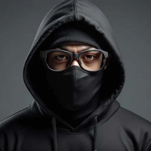 Prompt: Leader of a youth gang with Thief face mask and wearing all black and glasses,  realistic 8k, gray background,  face only , realistic face,  wearing black hoodie , so scary, so strange , wearing street gang clothes 