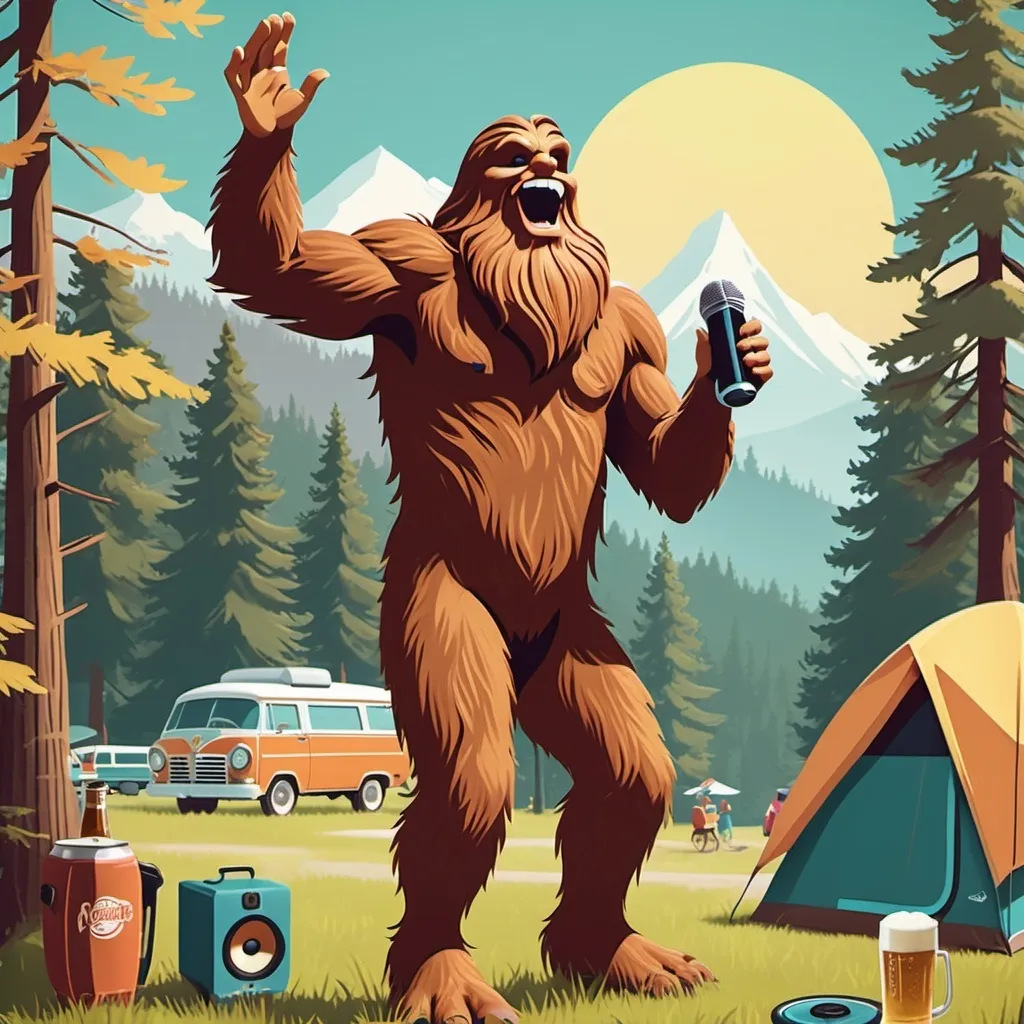 Prompt: Create an image of a playful happy sasquatch with athletic body build singing with a microphone in one hand while holding a beer in its other hand at a campsite in the woods with a vintage electric fan blowing air toward it in the style of a vintage national park poster