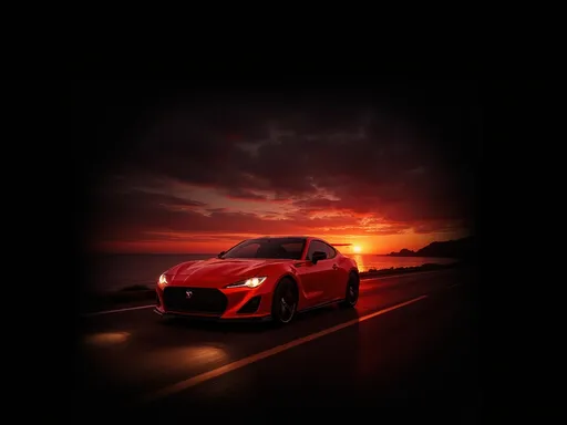 Prompt: Photorealistic sleek sports car, dynamic pose, striking metallic red exterior, speeding along a scenic coastal highway. Captivating sunset paints the sky with warm hues of orange and purple, reflecting on the shimmering ocean waters. Vibrant detailing on the car shows off its design. Ultra-detailed, high-quality visuals with a cinematic ambiance that captures the thrill of speed.