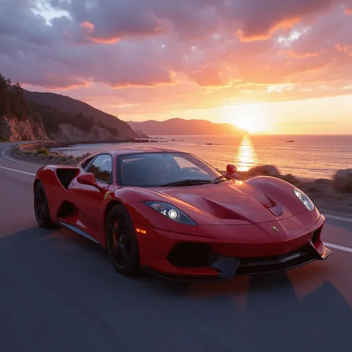 Prompt: Photorealistic sleek sports car, dynamic pose, striking metallic red exterior, speeding along a scenic coastal highway. Captivating sunset paints the sky with warm hues of orange and purple, reflecting on the shimmering ocean waters. Vibrant detailing on the car shows off its design. Ultra-detailed, high-quality visuals with a cinematic ambiance that captures the thrill of speed.