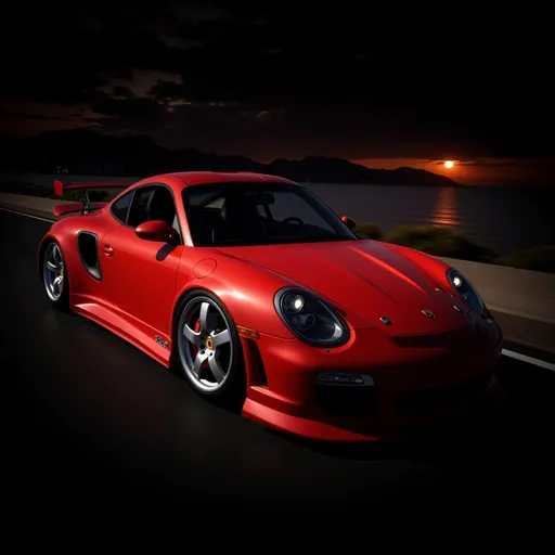 Prompt: Photorealistic sleek sports car, dynamic pose, striking metallic red exterior, speeding along a scenic coastal highway. Captivating sunset paints the sky with warm hues of orange and purple, reflecting on the shimmering ocean waters. Vibrant detailing on the car shows off its design. Ultra-detailed, high-quality visuals with a cinematic ambiance that captures the thrill of speed.