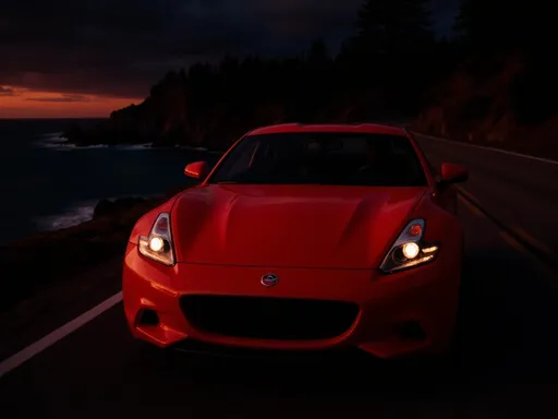 Prompt: Photorealistic sleek sports car, dynamic pose, striking metallic red exterior, speeding along a scenic coastal highway. Captivating sunset paints the sky with warm hues of orange and purple, reflecting on the shimmering ocean waters. Vibrant detailing on the car shows off its design. Ultra-detailed, high-quality visuals with a cinematic ambiance that captures the thrill of speed.
