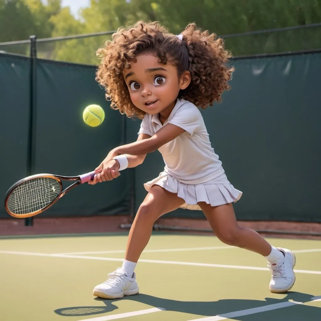 Prompt: 8 year old girl with light brown curly hair, brown skin, big brown eyes, playing tennis, cartoon